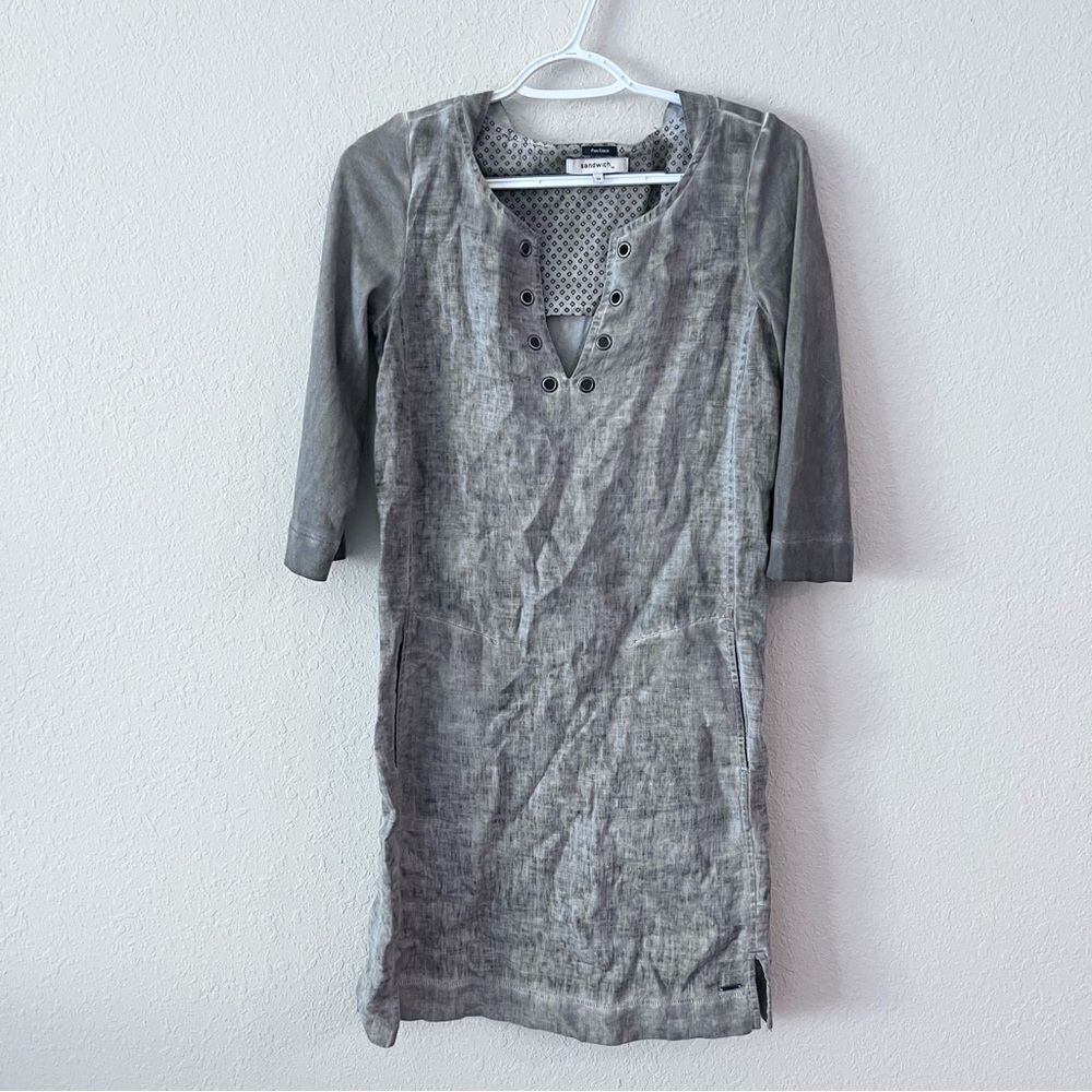Sandwich 100% Linen V Neck Gray Pockets 3/4 Sleeve Dress Size 34